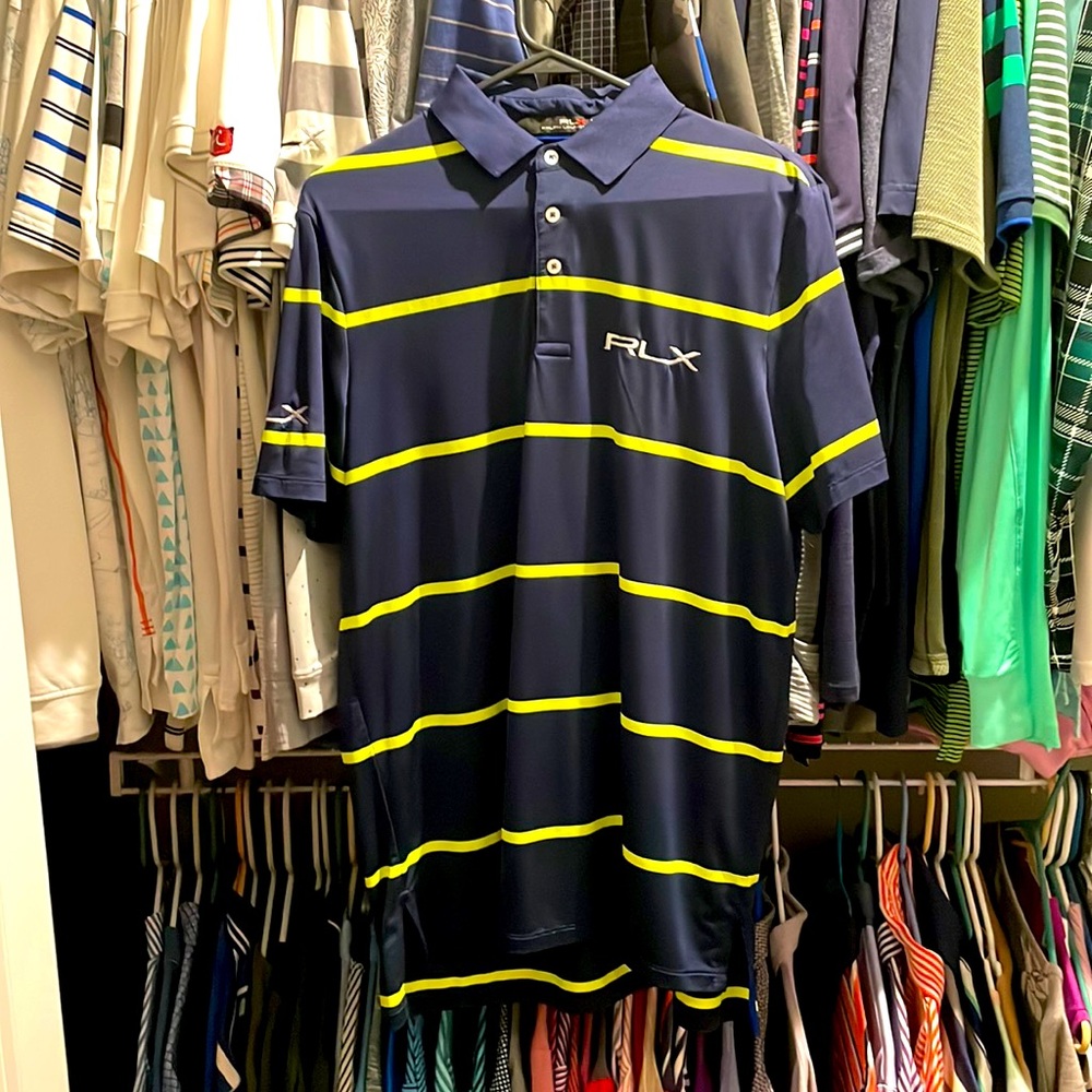 RLX polo navy with neon green stripes